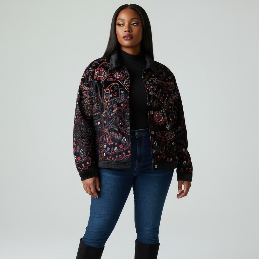 Laura Ashley Women's Black Rainbow Multi Paisley Embroidered Velvet Jacket